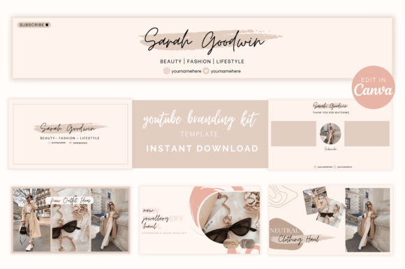 Simple, Feminine YouTube Branding Kit Template for Canva